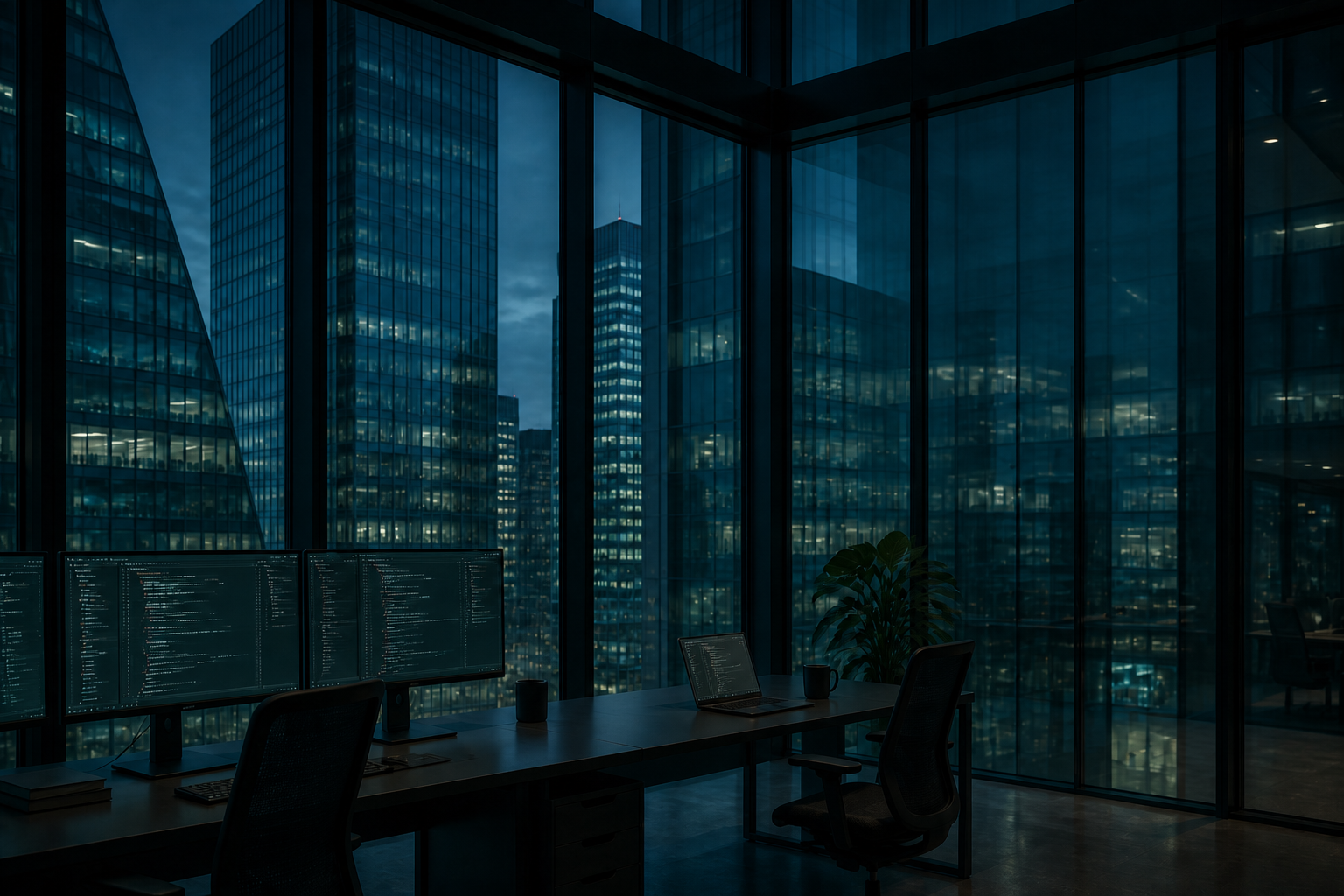 Software engineering workspace overlooking a city at night